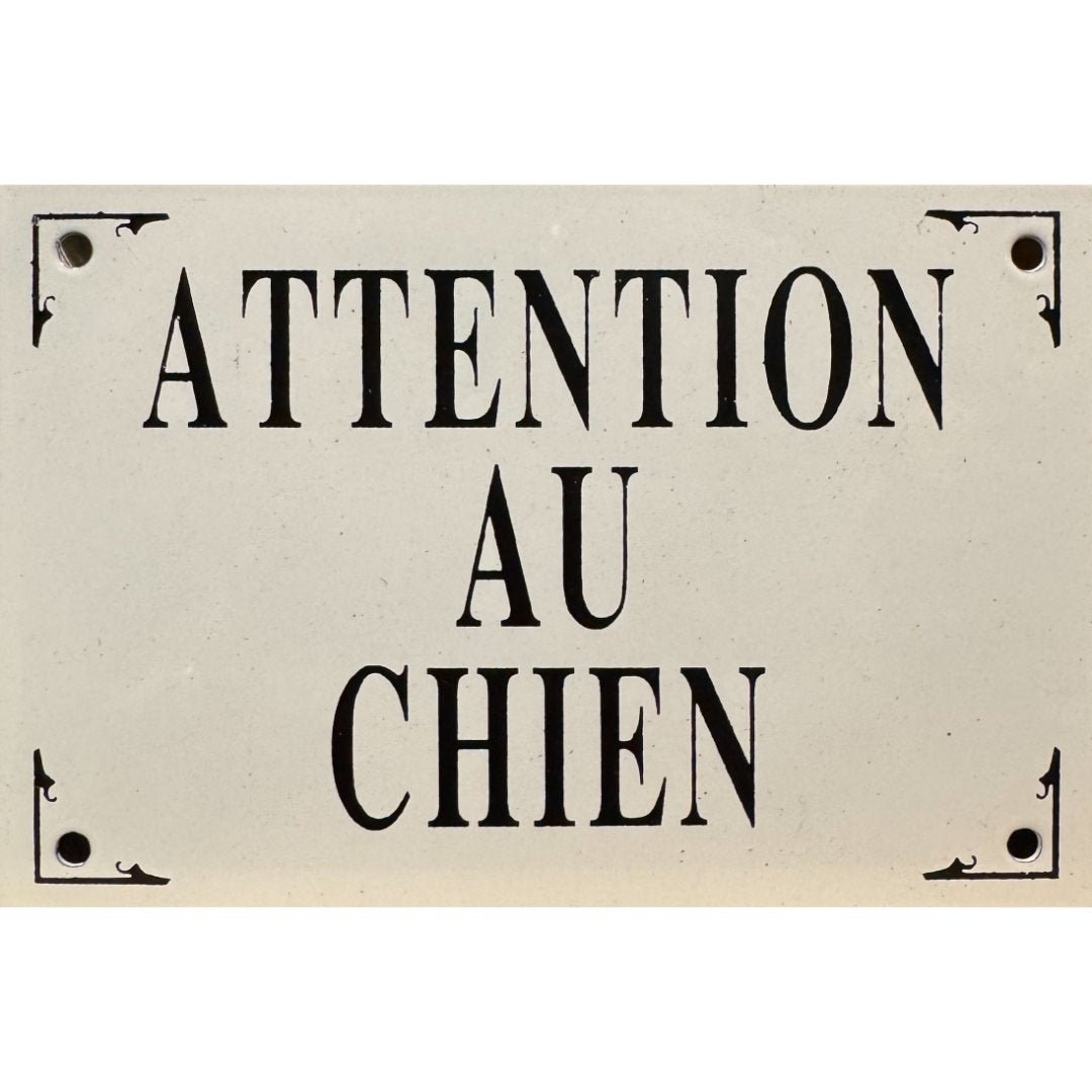Classic French Style Enamel Plaque | Attention au Chien | Large | 15.5 x 10cm - Suzie Anderson Home