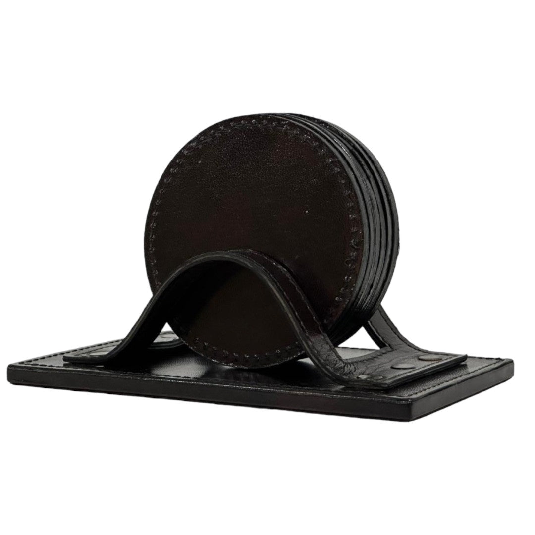 Leather Round Coaster Set | Dark