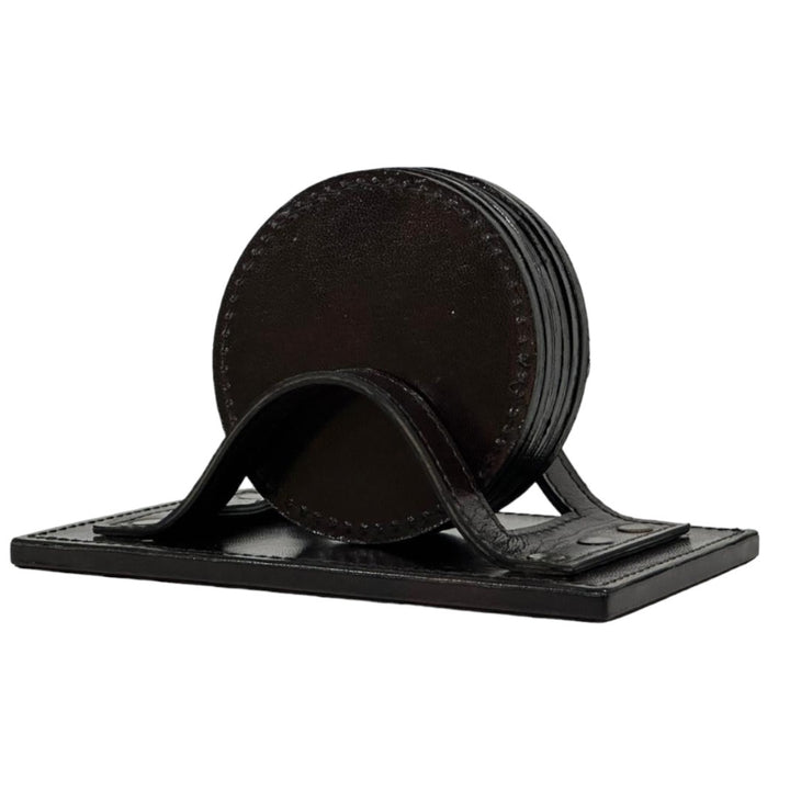 Leather Round Coaster Set | Dark