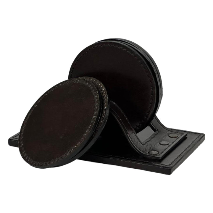 Leather Round Coaster Set | Dark