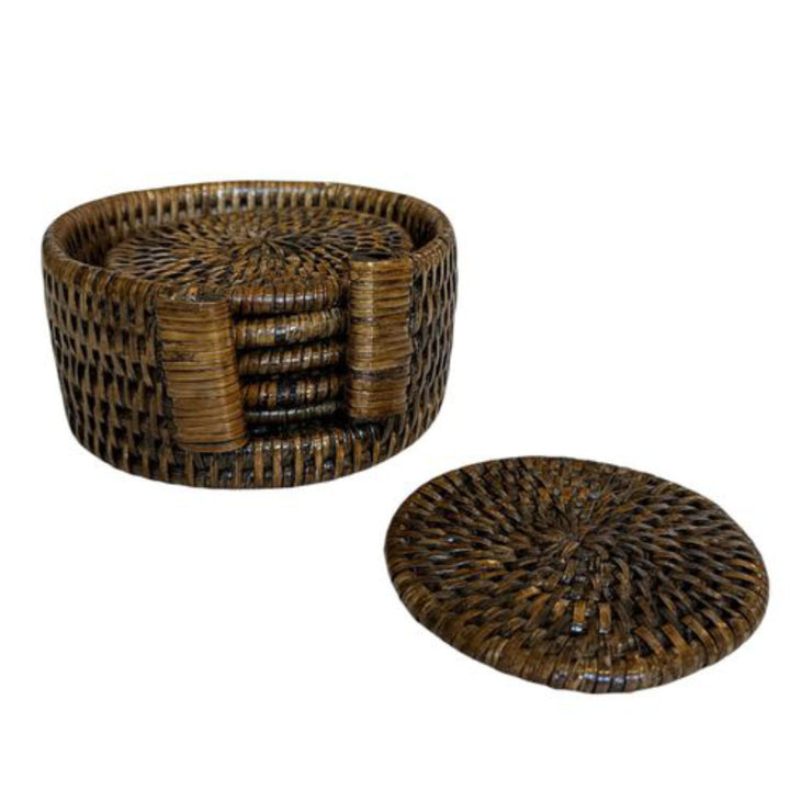 Round Rattan Coasters | Set of 6 | Antique Brown