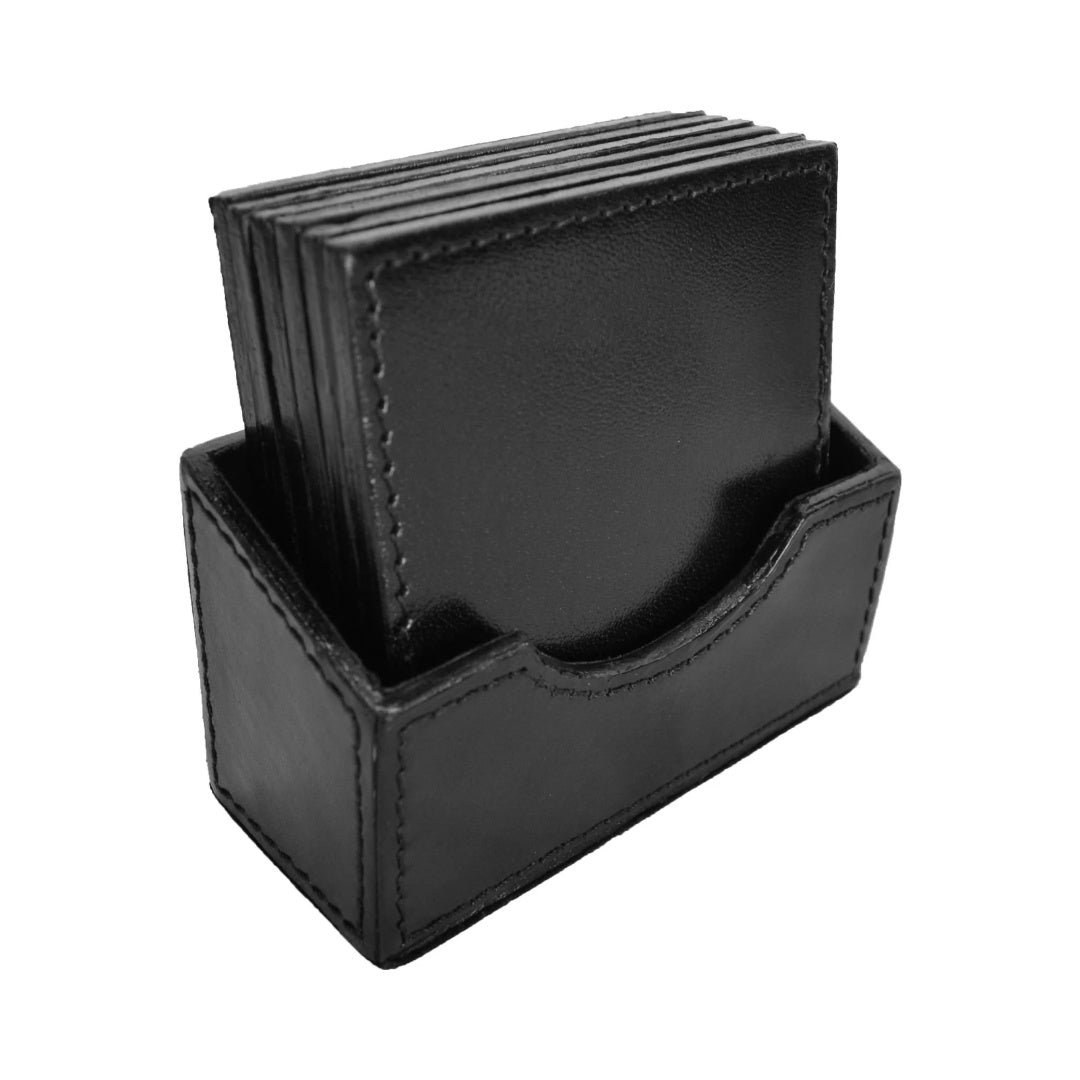 Leather 6 Piece Square Coaster Set with Holder | Black