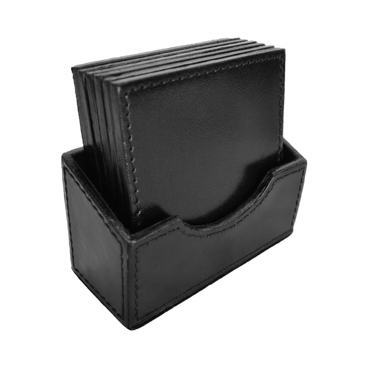 Leather 6 Piece Square Coaster Set with Holder | Black