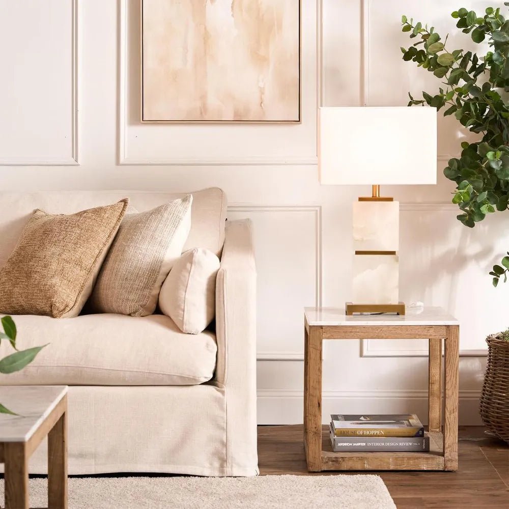 Colorado Marble Top Side Table | Natural Oak Base | W50 x H50cm - Suzie Anderson Home