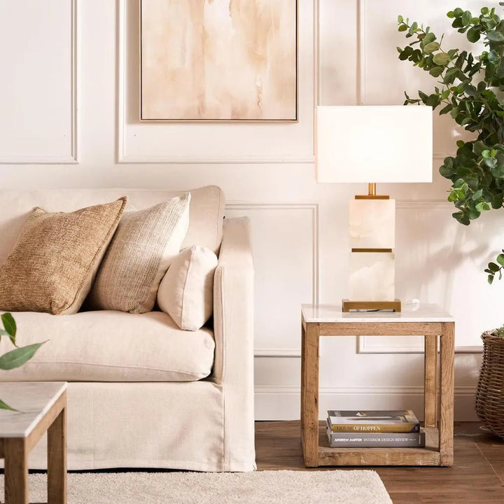 Colorado Marble Top Side Table | Natural Oak Base | W50 x H50cm - Suzie Anderson Home