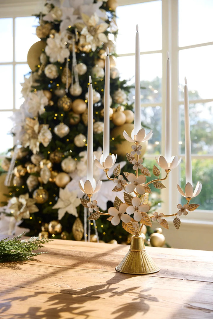 Gold and White Flower Candelabra
