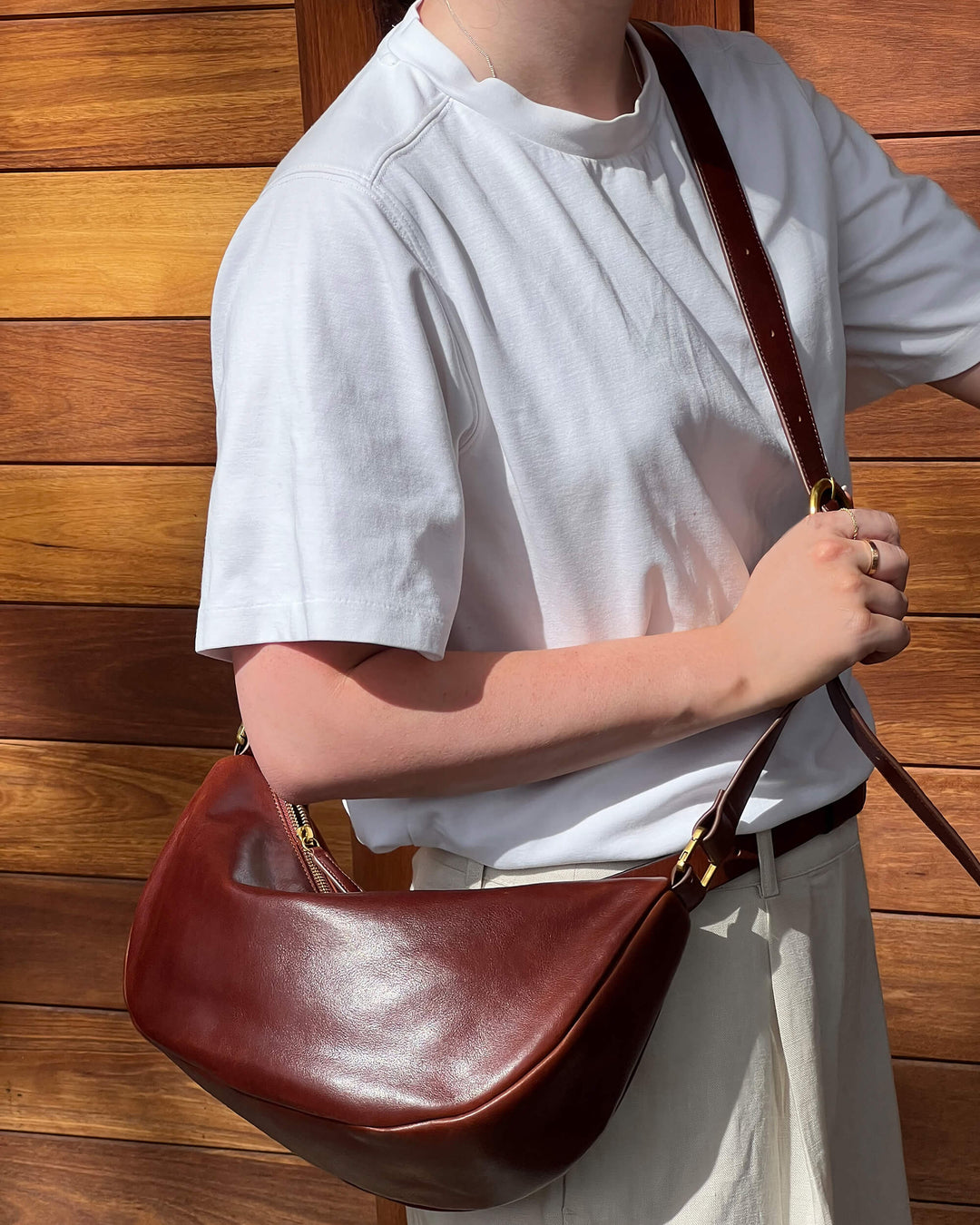 Juju | Crescent Leather Sling Handbag | Maple
