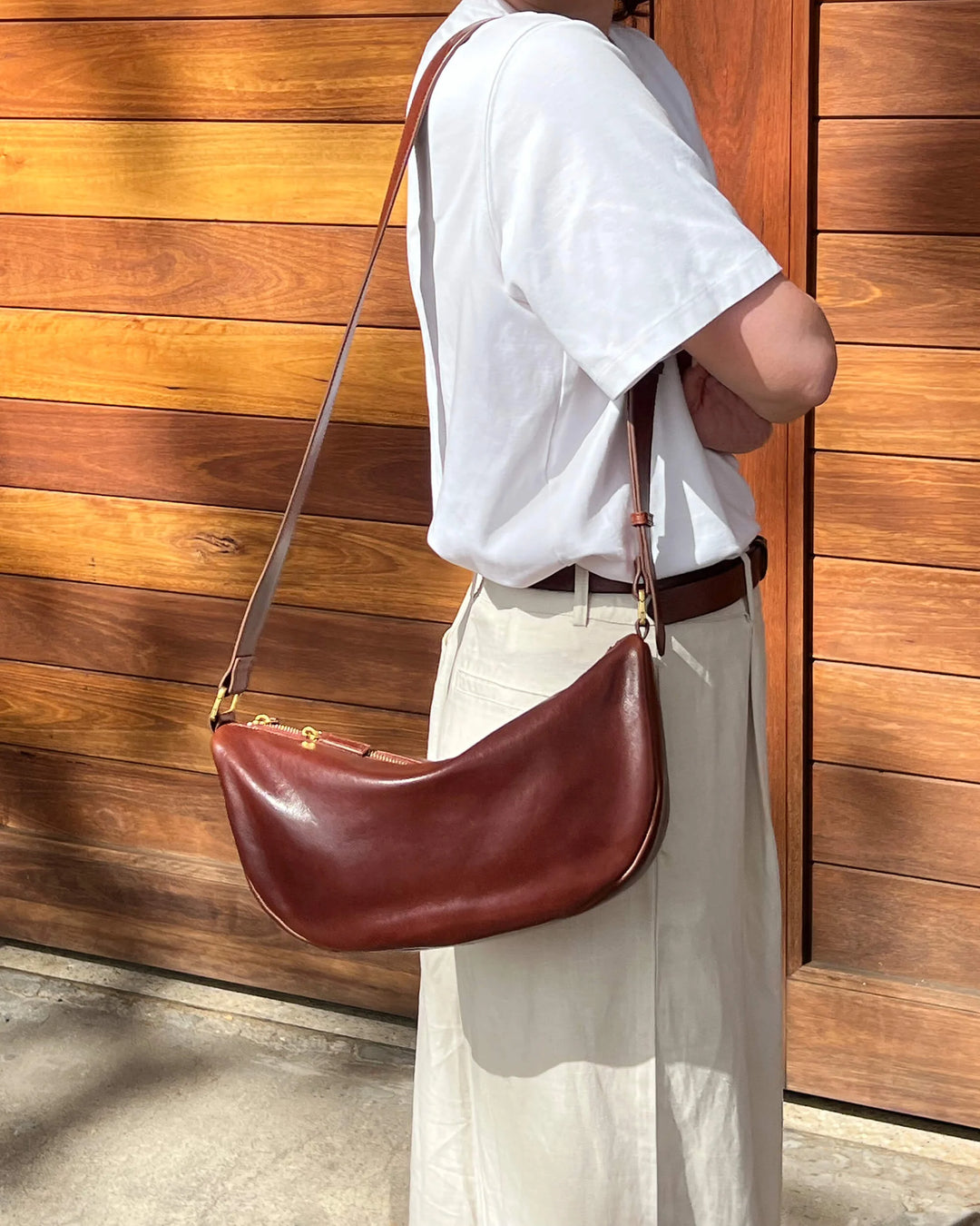 Juju | Crescent Leather Sling Handbag | Maple