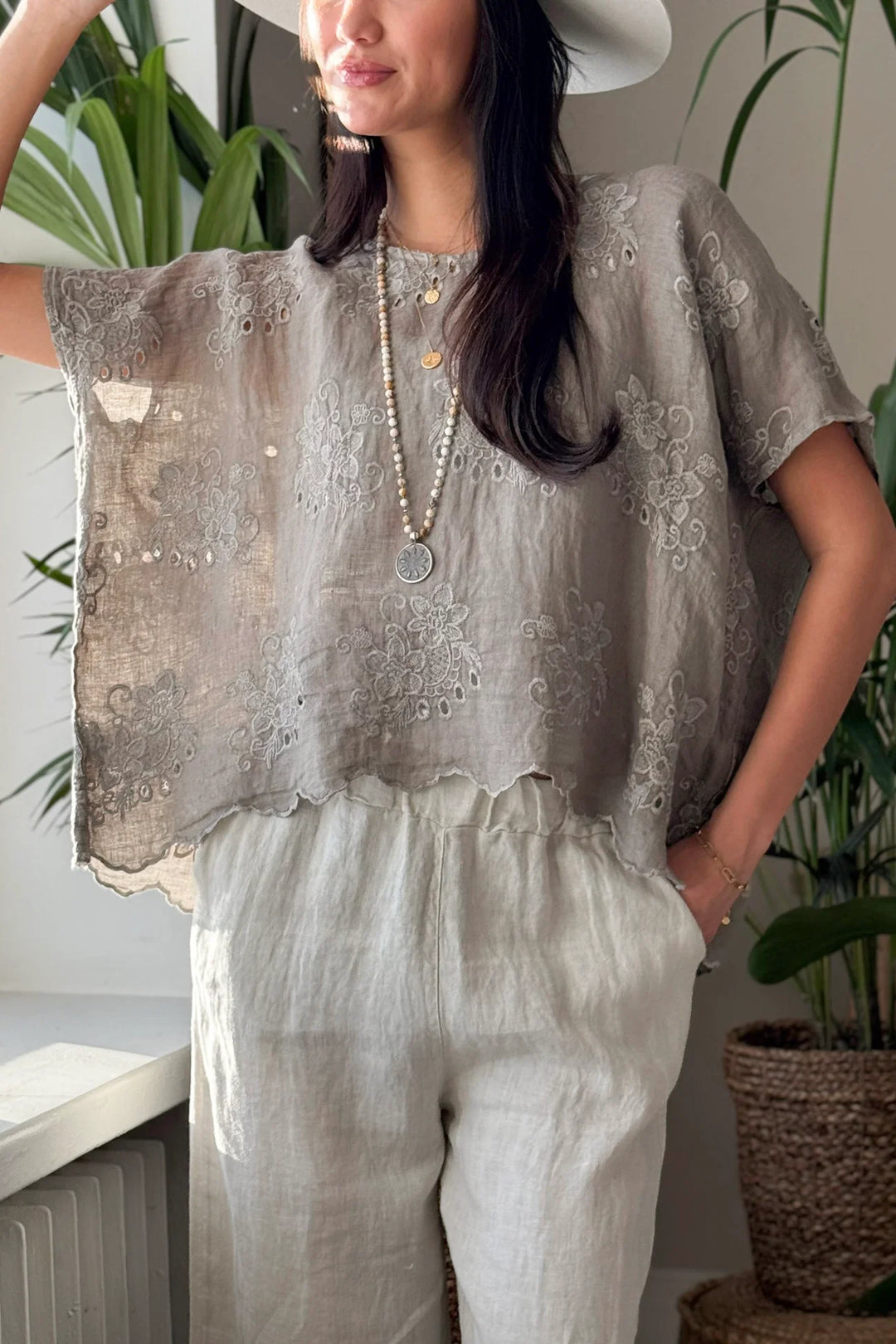 Bypias | Delphie Embroidered Linen Top | Taupe