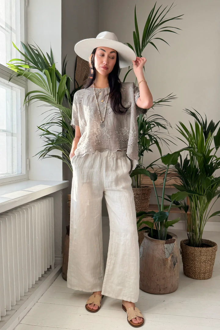Bypias | Delphie Embroidered Linen Top | Taupe