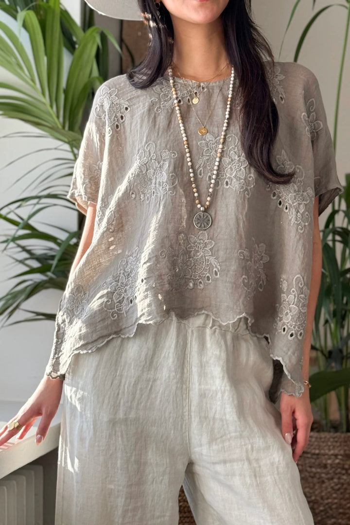 Bypias | Delphie Embroidered Linen Top | Taupe