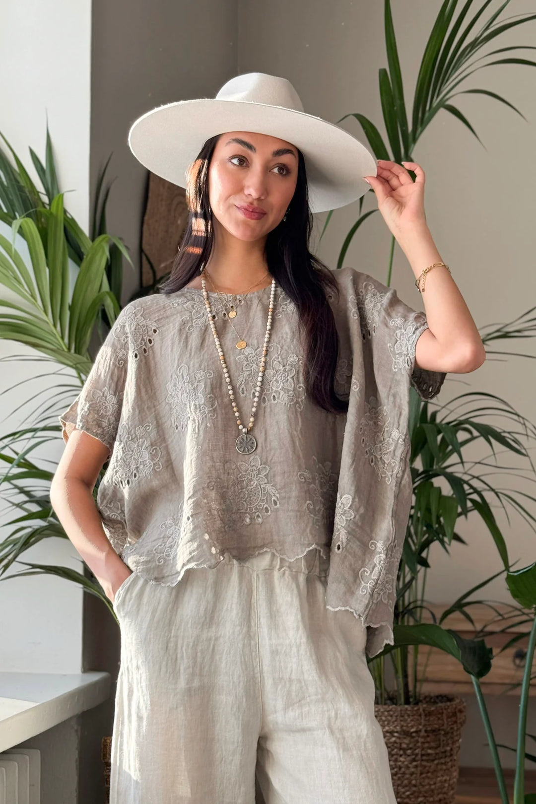 Bypias | Delphie Embroidered Linen Top | Taupe
