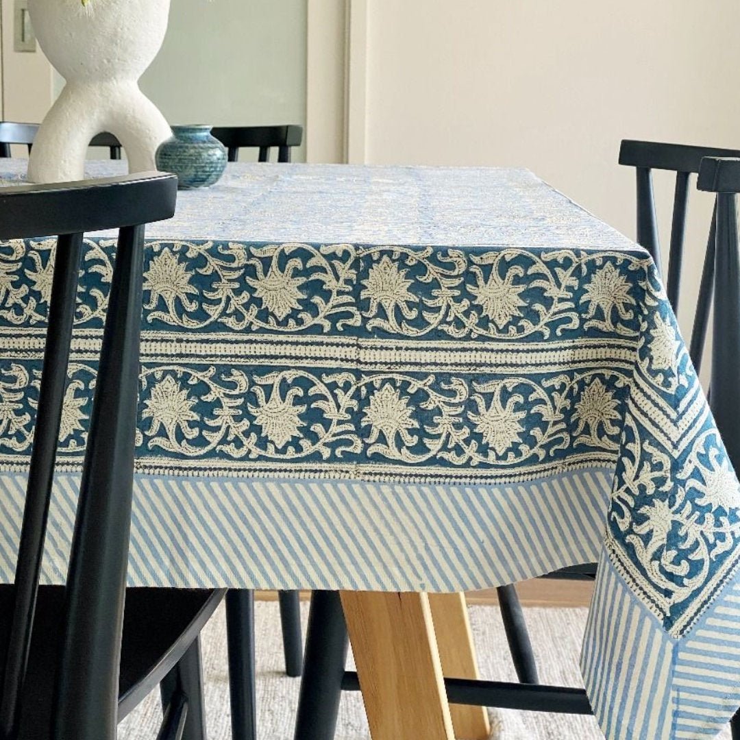 Denim Block Print Tablecloth | 170x270cm - Suzie Anderson Home