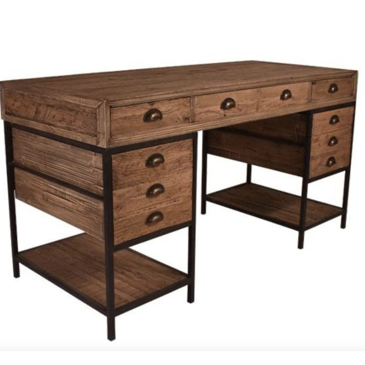 Industrial Style Twin Pedestal Desk  | Rustic Oak