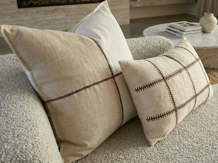 Sadie Linen Cushion Cover | Brown Bold Stitch | 40x60cm (Insert Sold Separately)