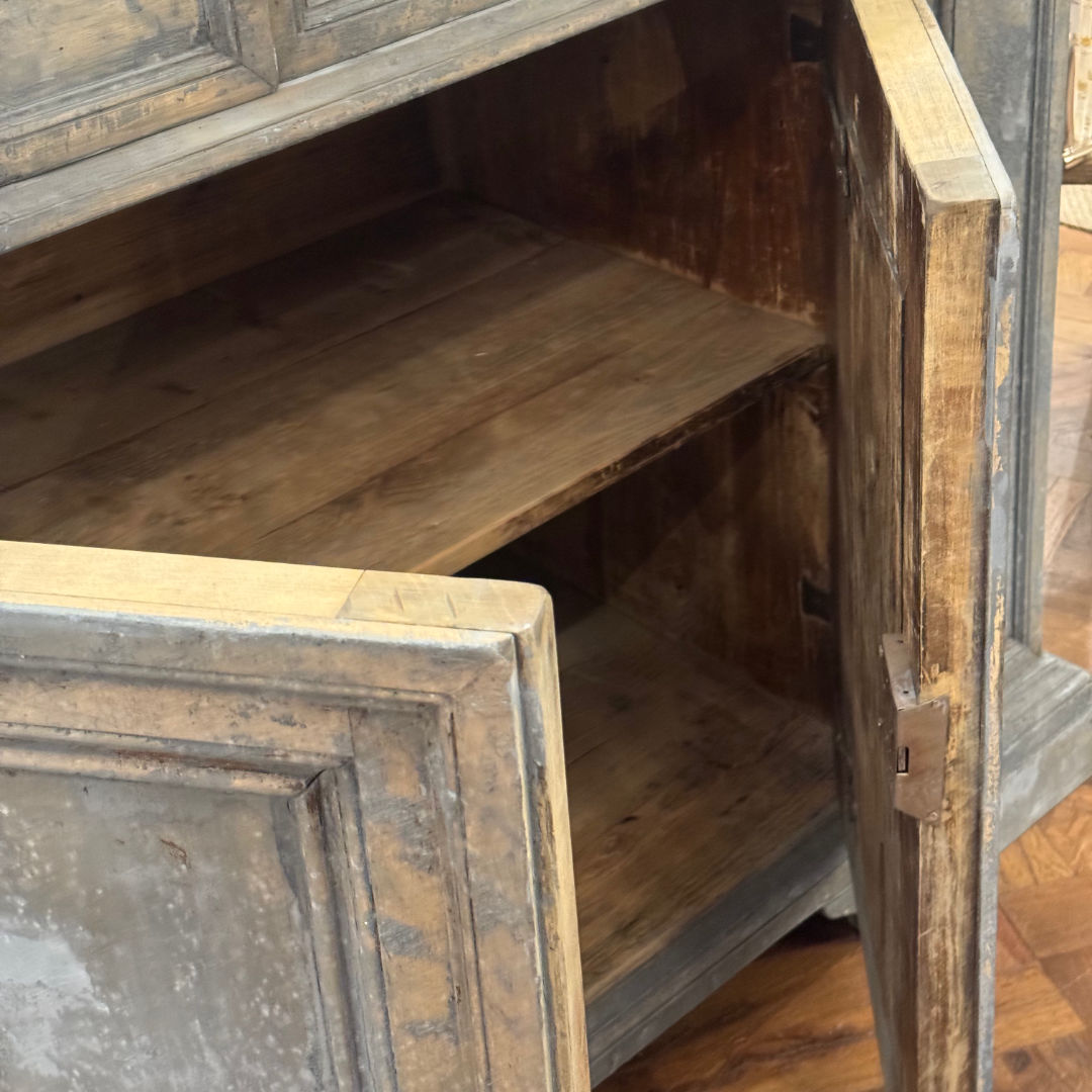 Antique Chestnut Credenza | Italy, Circa 1895 | Painted Chestnut Timber | Blue Patina |  63d x 124h x 163w