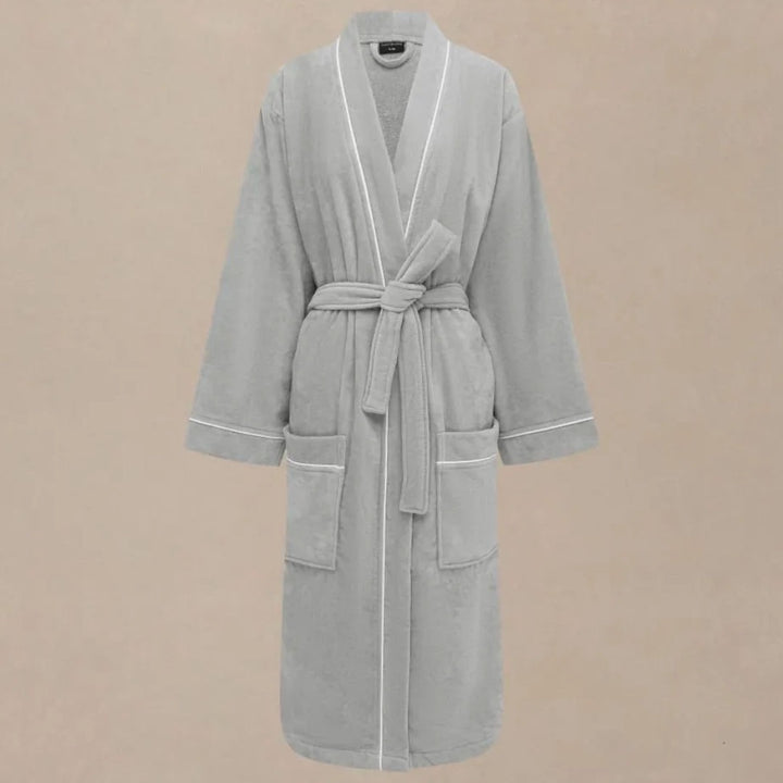 Bemboka Cotton Velour Robe | Dove Grey with White Piping