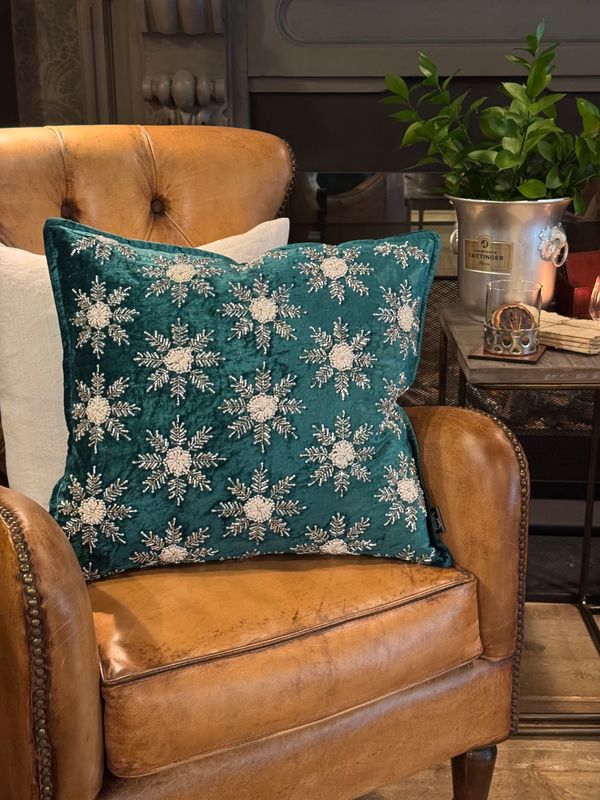 Green Velvet Cushion Cover with Silver Beaded Snowflakes | 50x50cm