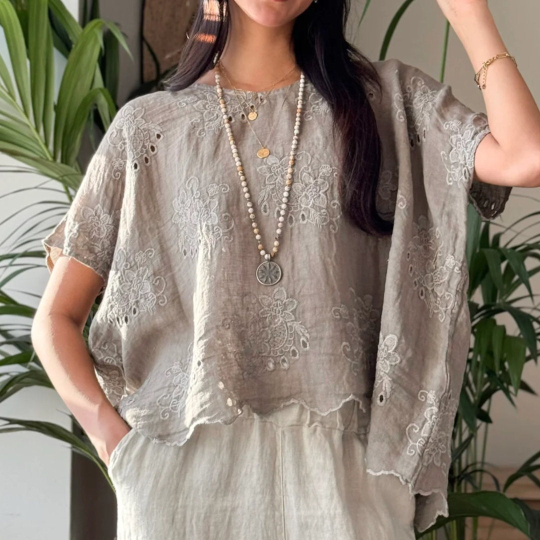 Bypias | Delphie Embroidered Linen Top | Taupe