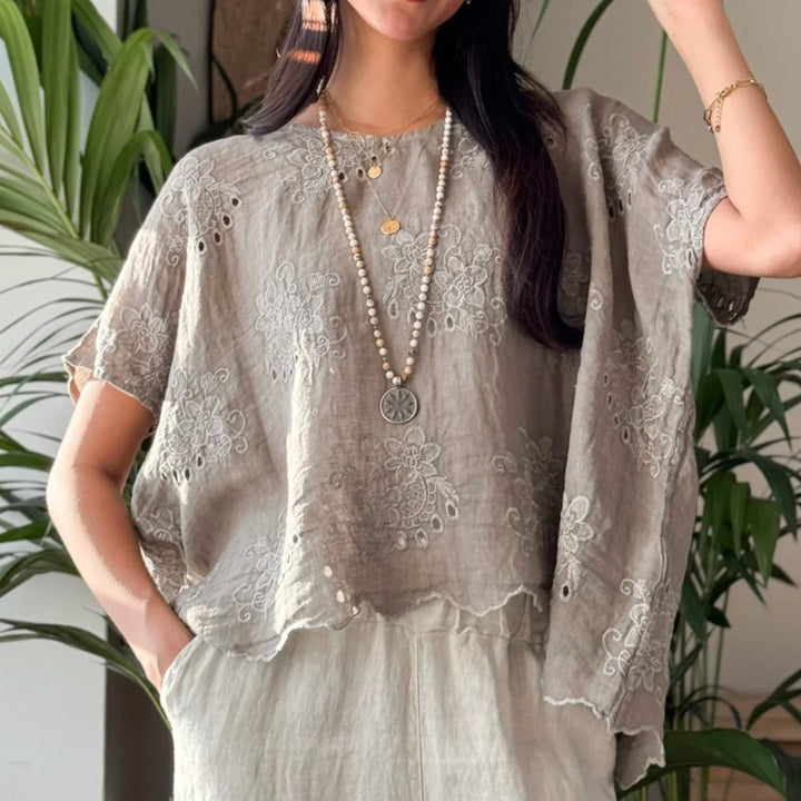 Bypias | Delphie Embroidered Linen Top | Taupe