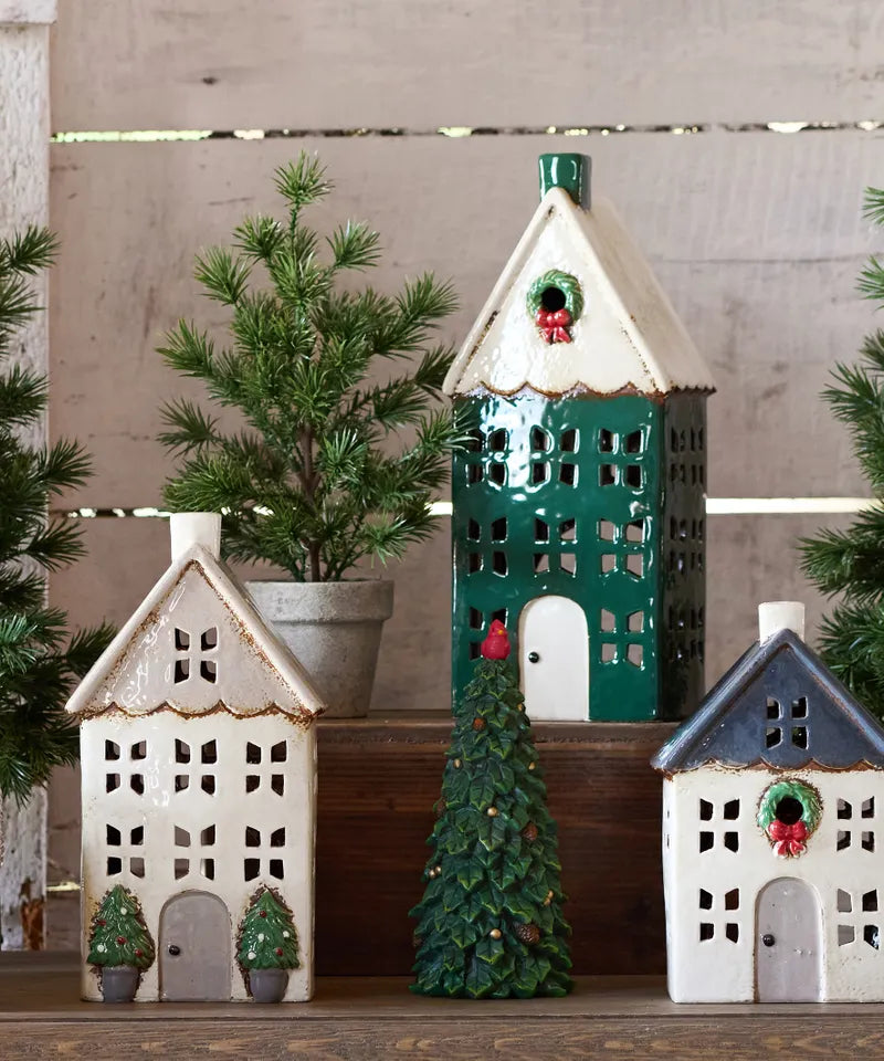 Alsace Tea Light Ceramic House | Green with wreath | Large