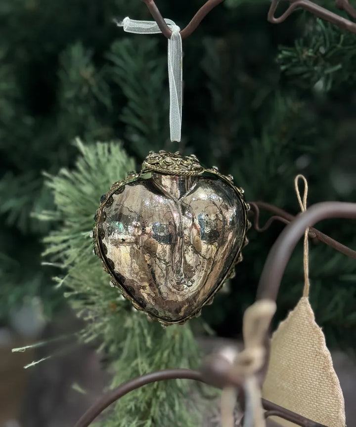 Ornate Glass Silver Heart Ornament