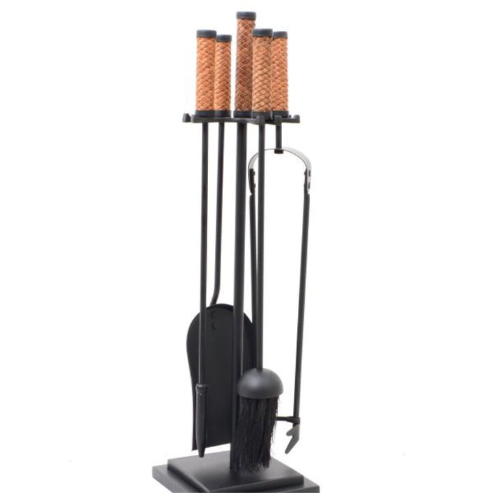 Rocca Fire Tools Set | 4 piece + Holder | Leather Handles