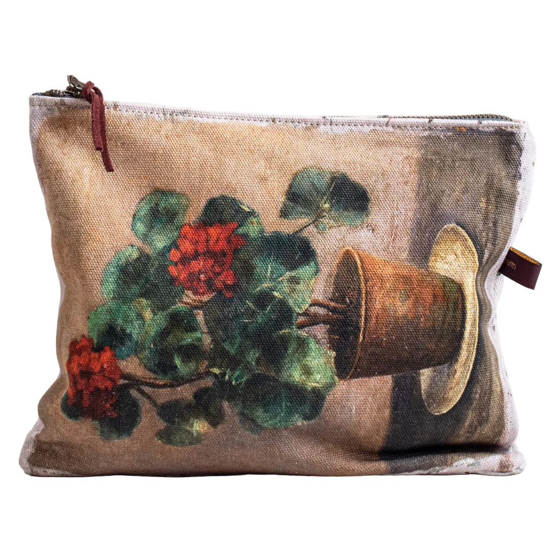 Fabric pouch with floral design on a textured surface