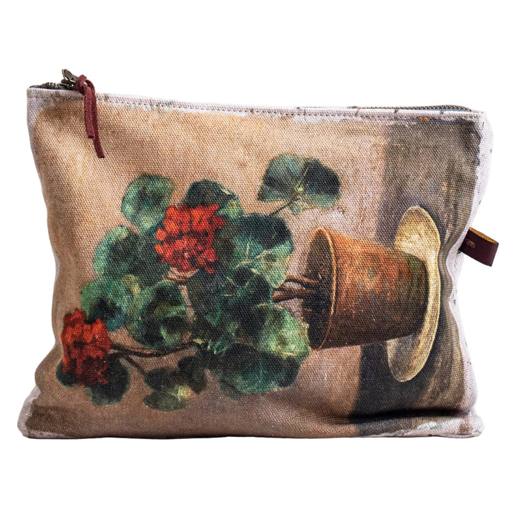 Fabric pouch with floral design on a textured surface