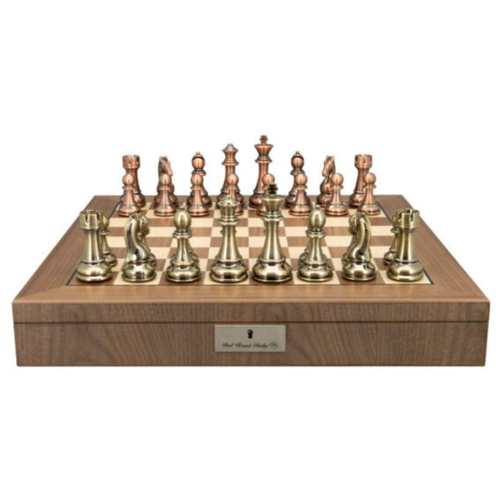 Dal Rossi Chess Set | 20" Lockable Walnut with Copper &amp; Bronze Pieces