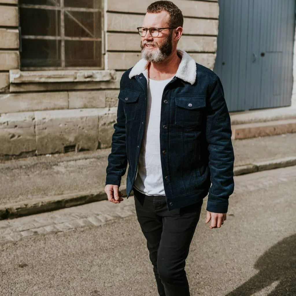 Moke | Mens Hammer Cord/Sherpa Jacket | Navy/White Sherpa
