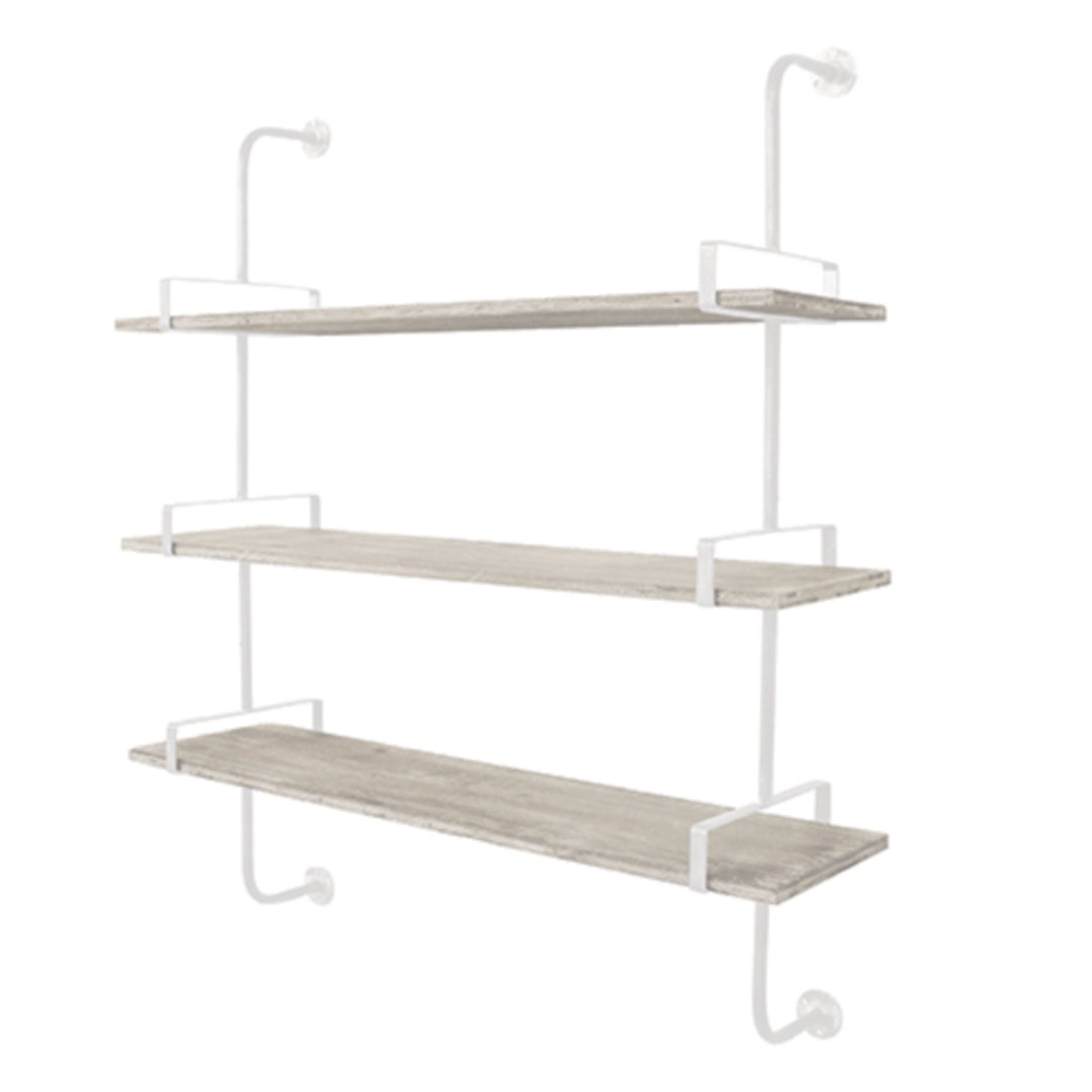 Three-Tier Wall Shelving | White Metal Frame | Rustic Timber Shelves