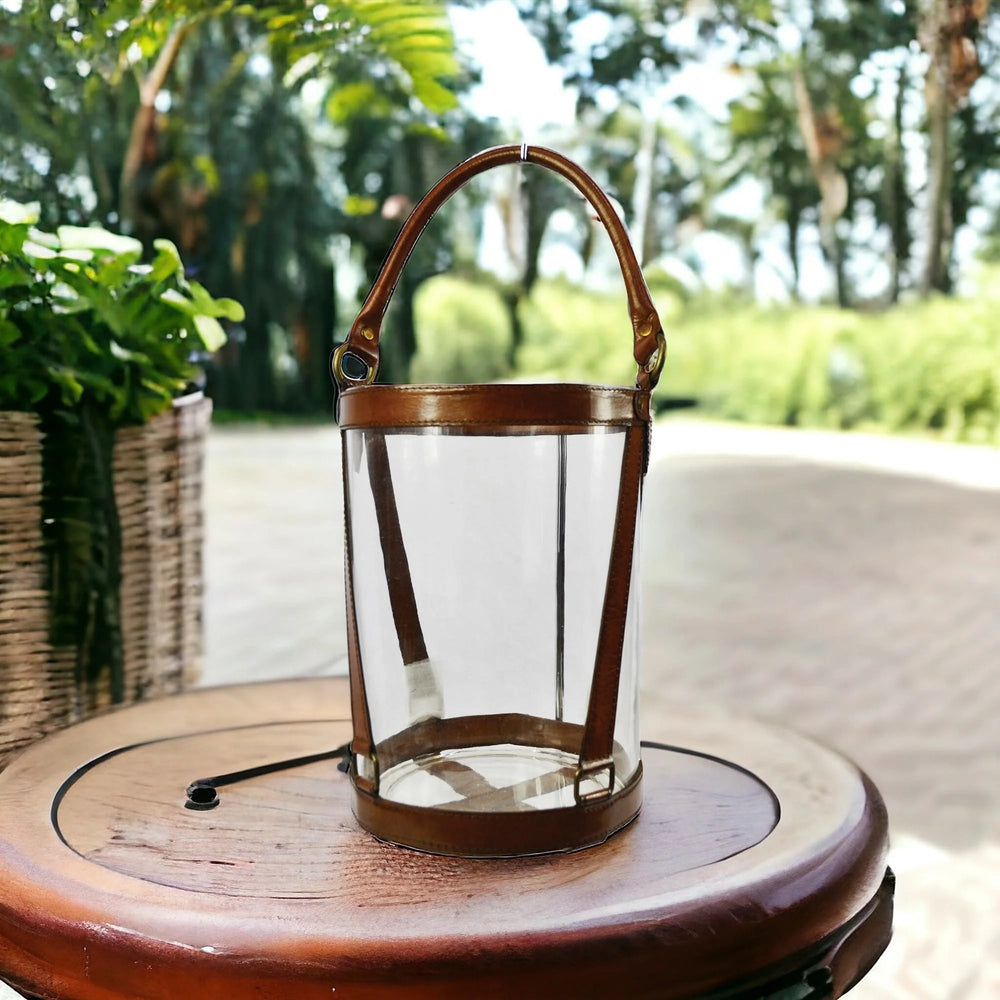 Hurricane Lantern | Glass & Tan Leather | Large - Suzie Anderson Home