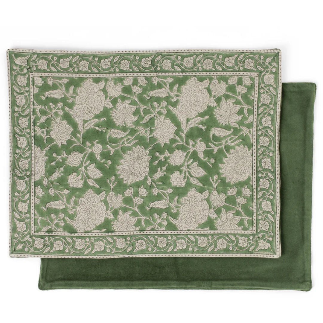 Indian Rose | SET OF 2 | Linen/Cotton Velvet Placemat | Green - Suzie Anderson Home