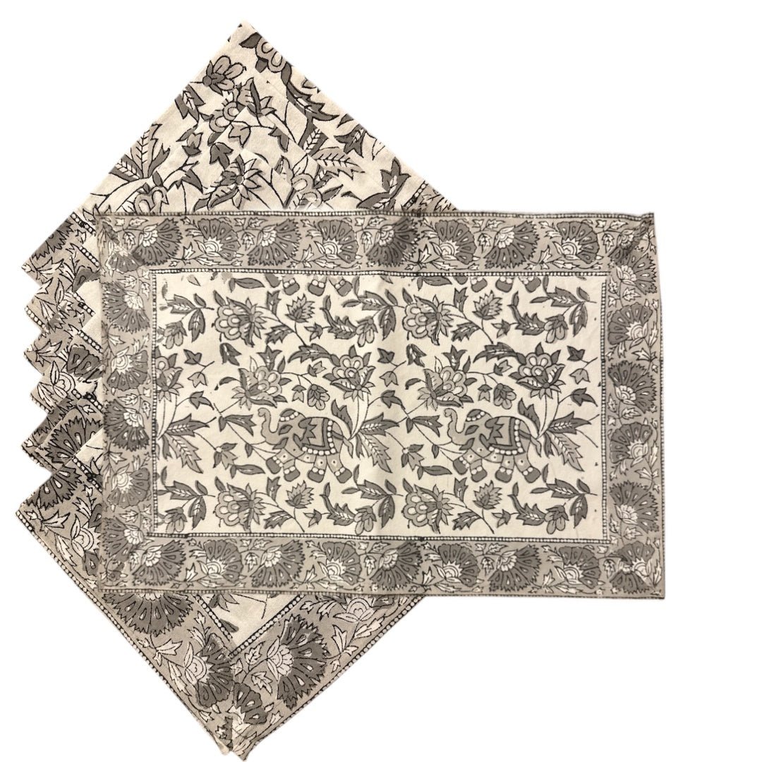 Jaipur Cotton Placemat & Napkin Set (6) | Grey/White | Elephant - Suzie Anderson Home