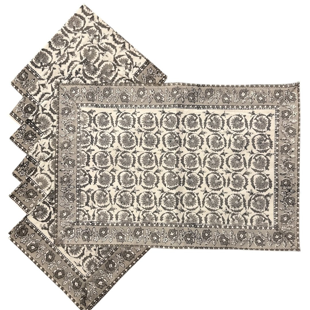 Jaipur Cotton Placemat & Napkin Set (6) | Grey/White | Medallion - Suzie Anderson Home