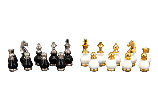 Dal Rossi Chess Set | 16" | Carbon Fibre w B&W Silver/Gold Top Pieces