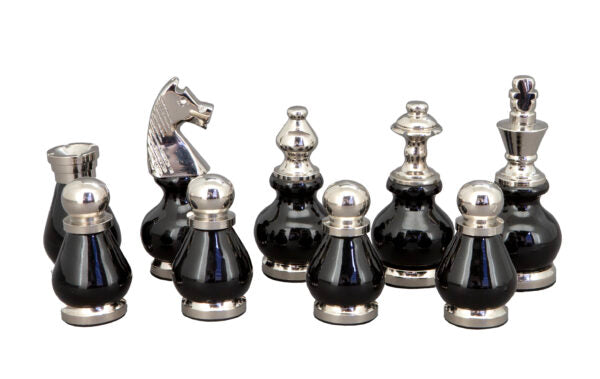Dal Rossi Chess Set | 16" | Carbon Fibre w B&W Silver/Gold Top Pieces