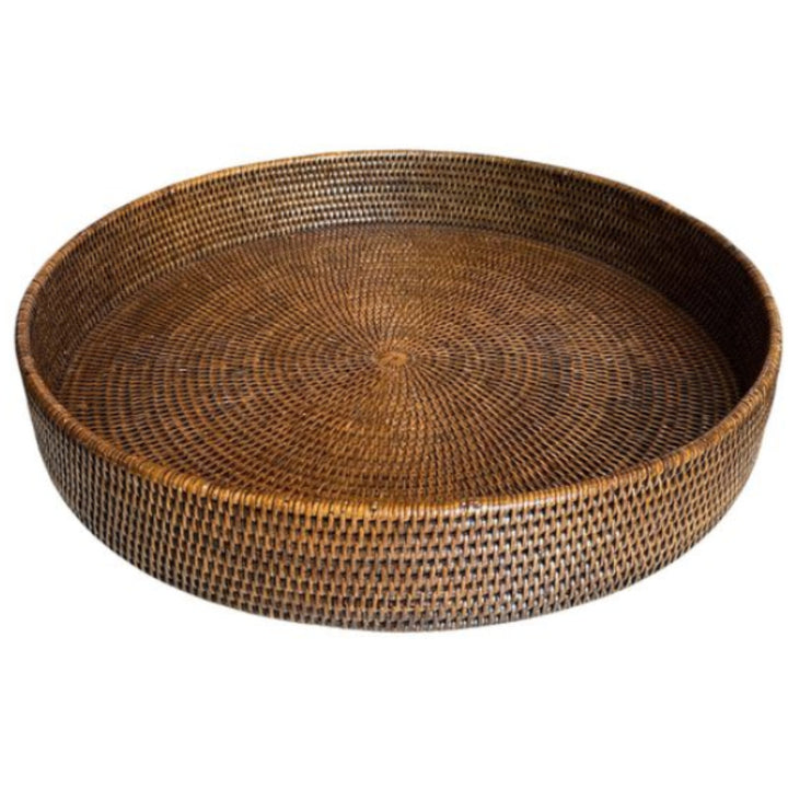 Large Round Rattan Tray | Antique Brown