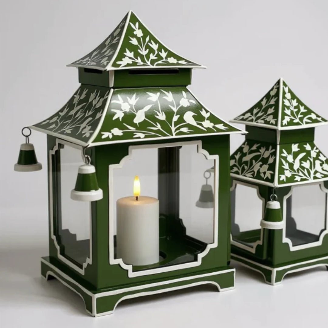 Green Pattern Large Pagoda Lantern | 32x19cm