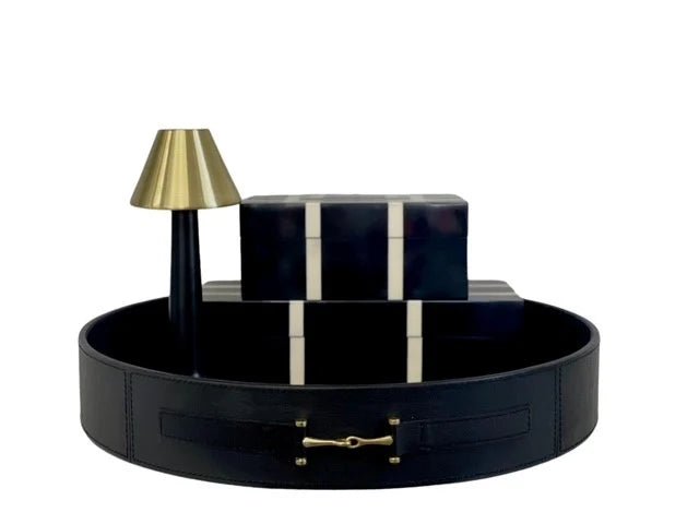 Leather round Tray w Black Gold Buckle | 46cm - Suzie Anderson Home