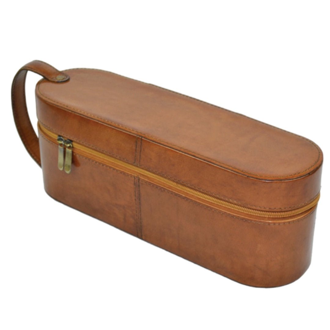 Leather Wine Bottle Holder / Carrier with Zip | Single | Tan - Suzie Anderson Home