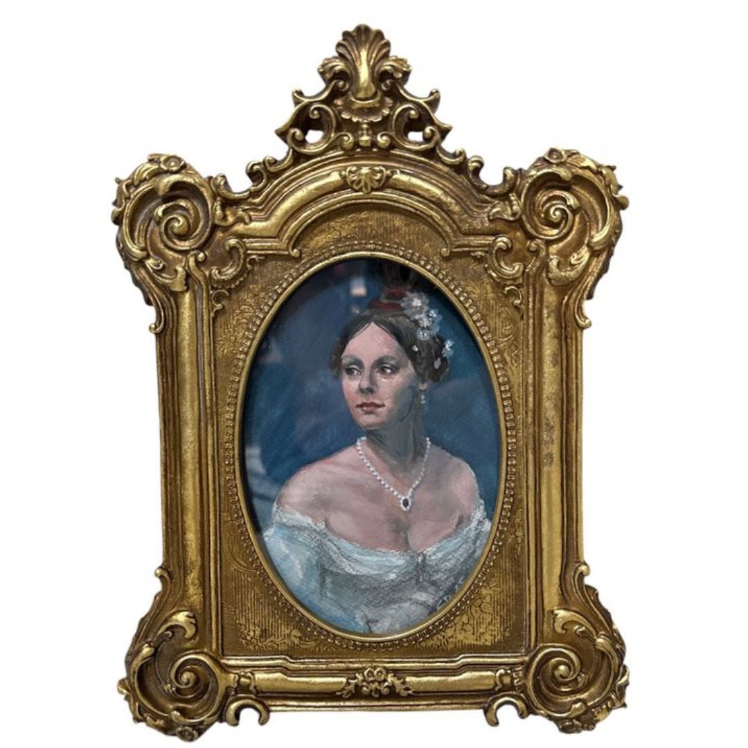 Madame' Oval gouache original miniature painting in ornate gold frame by local artist Corinne Dany - Suzie Anderson Home
