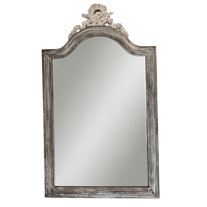 French Style Mirror in Timber with Rustic Grey Frame & Decorative Flourish at the Crest