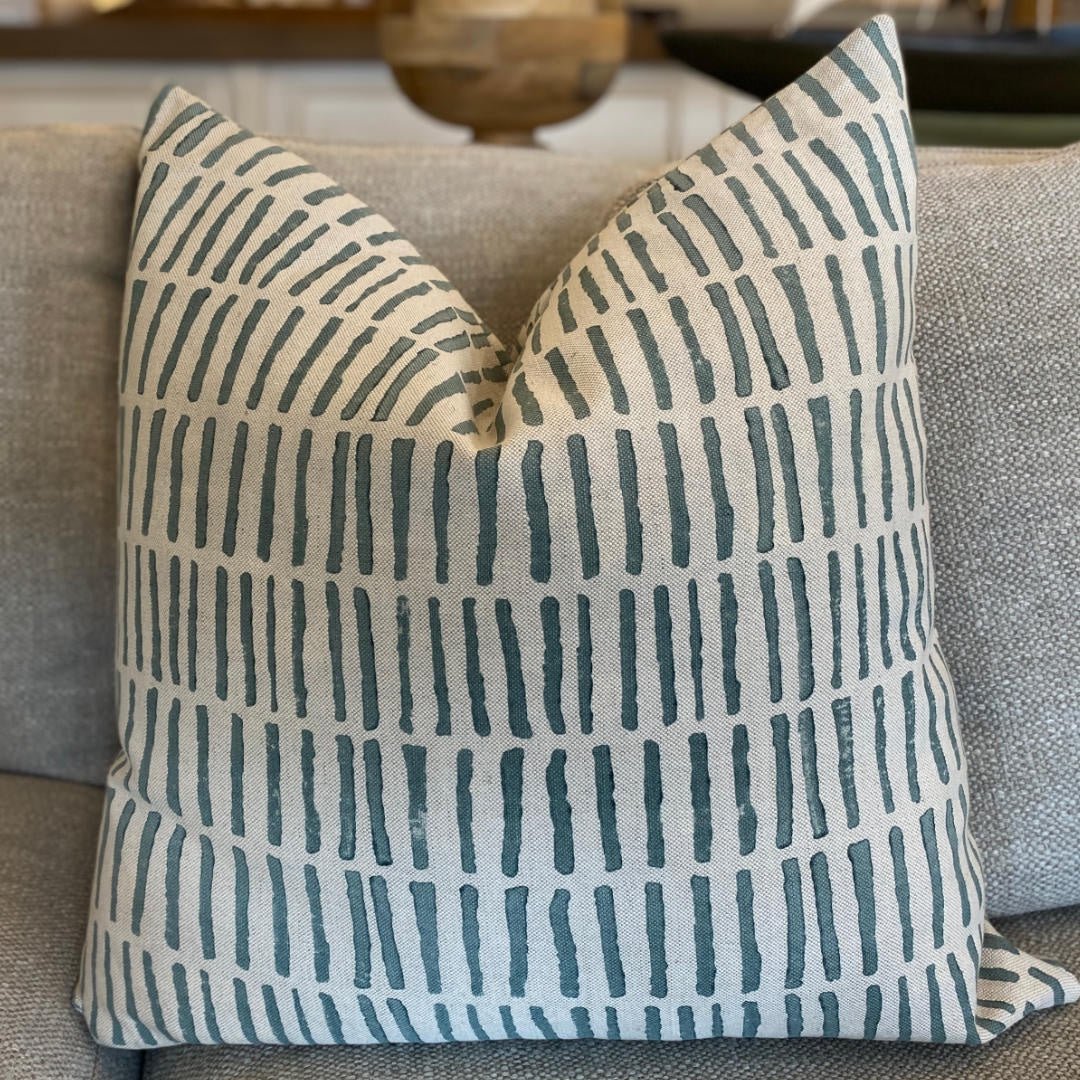 Matchstick Cushion Cover | Handblocked Organic Linen | Aust Made | 60x60cm | Mist - Suzie Anderson Home