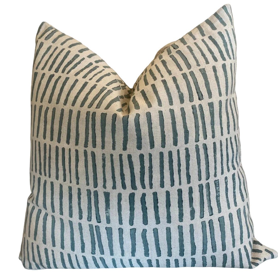 Matchstick Cushion Cover | Handblocked Organic Linen | Aust Made | 60x60cm | Mist - Suzie Anderson Home