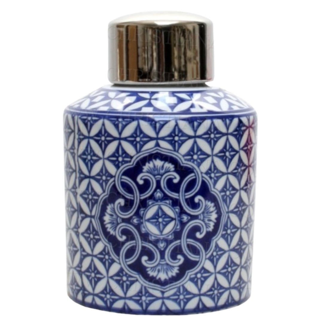 Motif Blue & White Canister w Silver Rim Lid | 21cm - Suzie Anderson Home
