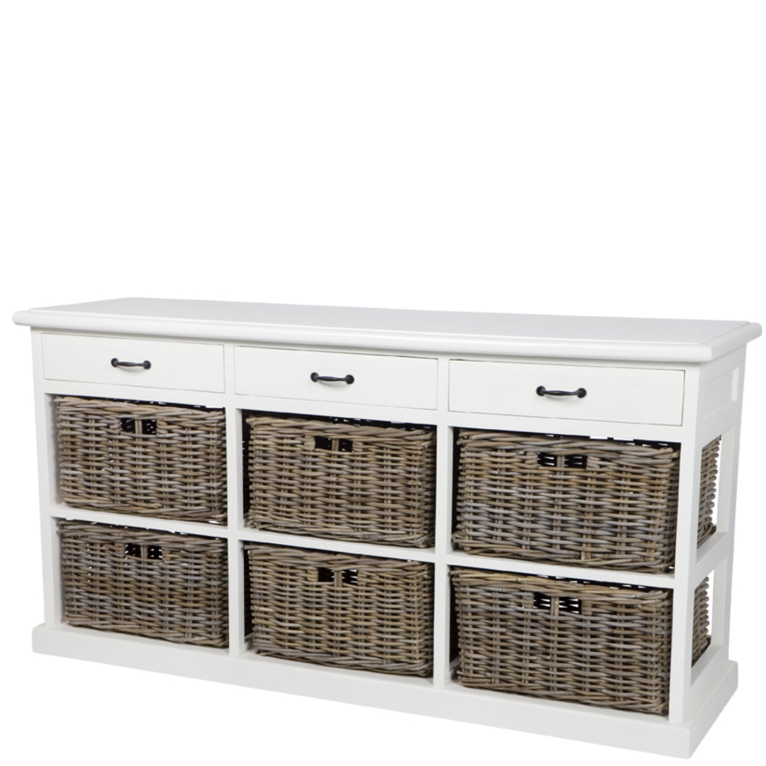 Nantucket Cabinet with 3 drawers & 6 kubu baskets | White-Suzie Anderson Home