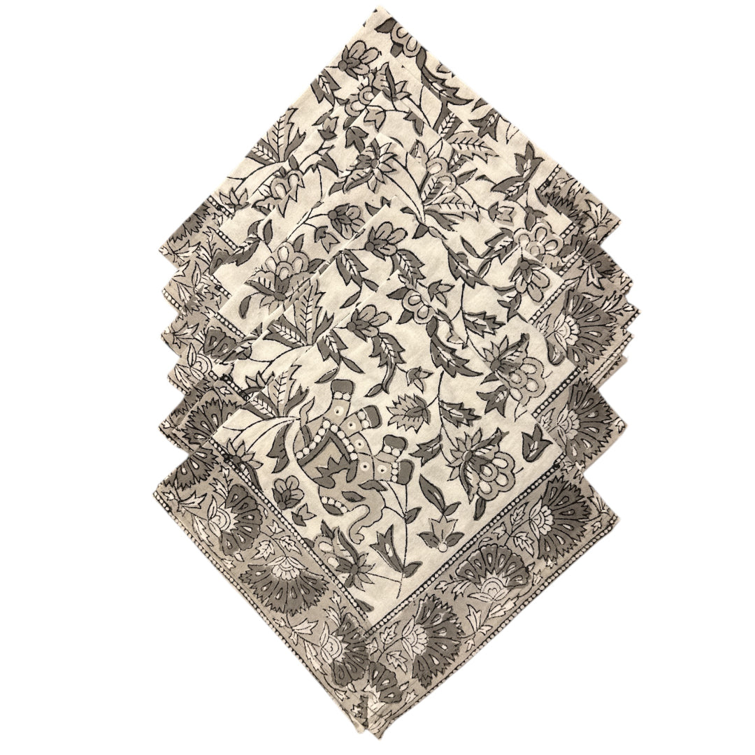 Jaipur Cotton Placemat & Napkin Set (6) | Grey/White | Elephant
