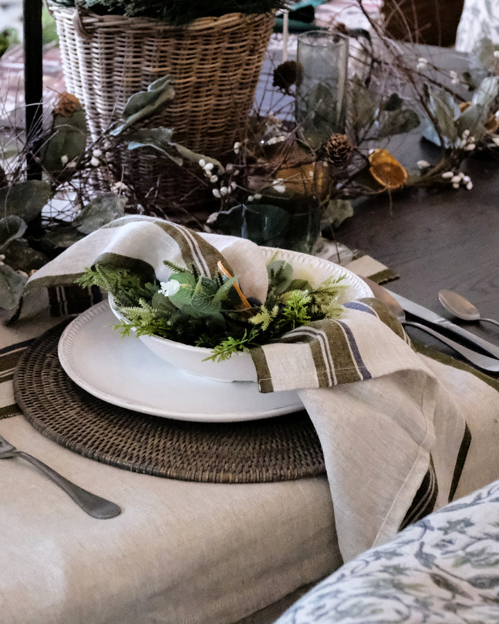 Green Selvedge Stripe Linen Tablecloth | 150x250cm